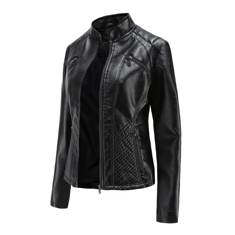 Women Coat Spring Autumn New Casual Leather Jacket Standing Collar Long Sleeve Jacket Slim Solid Color Zip Coats Commute Jacket
