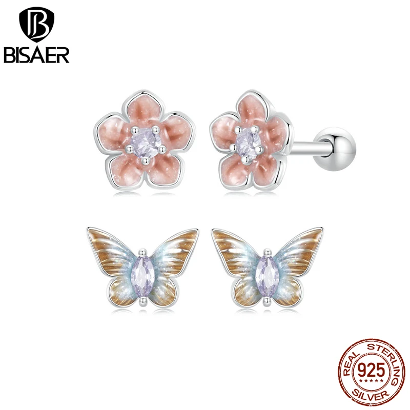 BISAER 925 Sterling Silver Cherry Studs Earrings Butterfly Enamel Earrings Plated White Gold for Romantic Woman Fine Jewelry