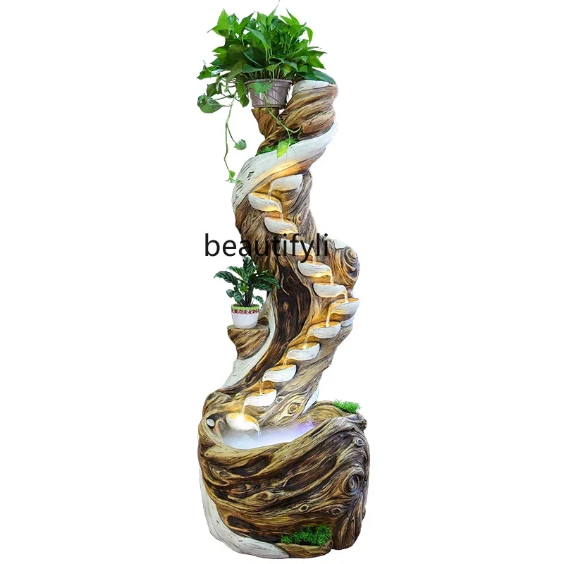 l5Floor-standing wood carving running water fountain ornaments living room stair corner circulating water fish pond landscaping