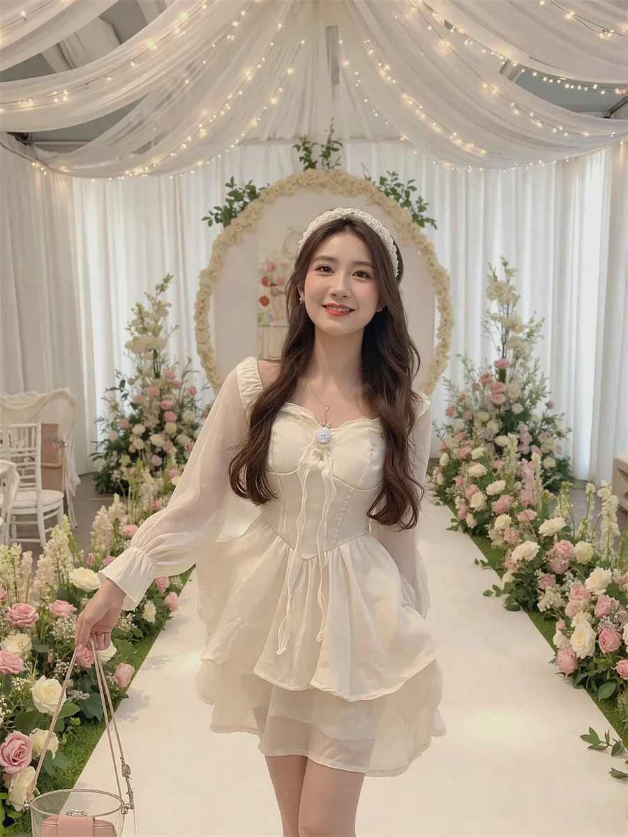 여성용 흰색 드레스 A라인 리본 단색 봄 플레어 소매 브이넥 루즈핏 오버사이즈 반오픈 터틀넥 프린트 실키