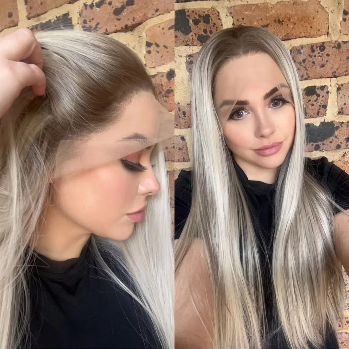 

Straight Icy Blonde Soft Straight Wigs Ash Roots 13*4 Synthetic Lace Front Wigs Realistic Look Pre Plucked Hairline Women's Wig