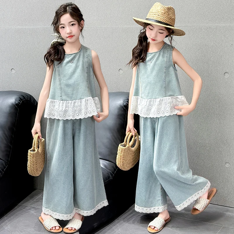 High Fashion Children Summer Denim Suit for Girl Lace Up Tops + Jeans 2 Pieces Clothing Set Kids Stylish Streetwear Tracksuit