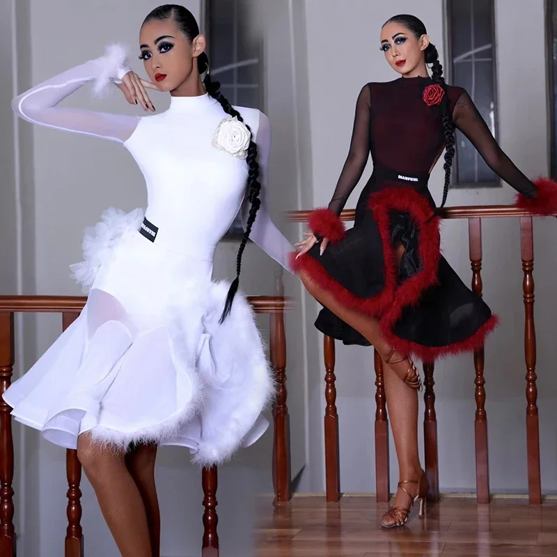 

2026 Latin Dance Competition Dress Women Feather Long Sleeves Cha Cha Rumba Dance Costume Adult Latin Performance Wear DNV17320