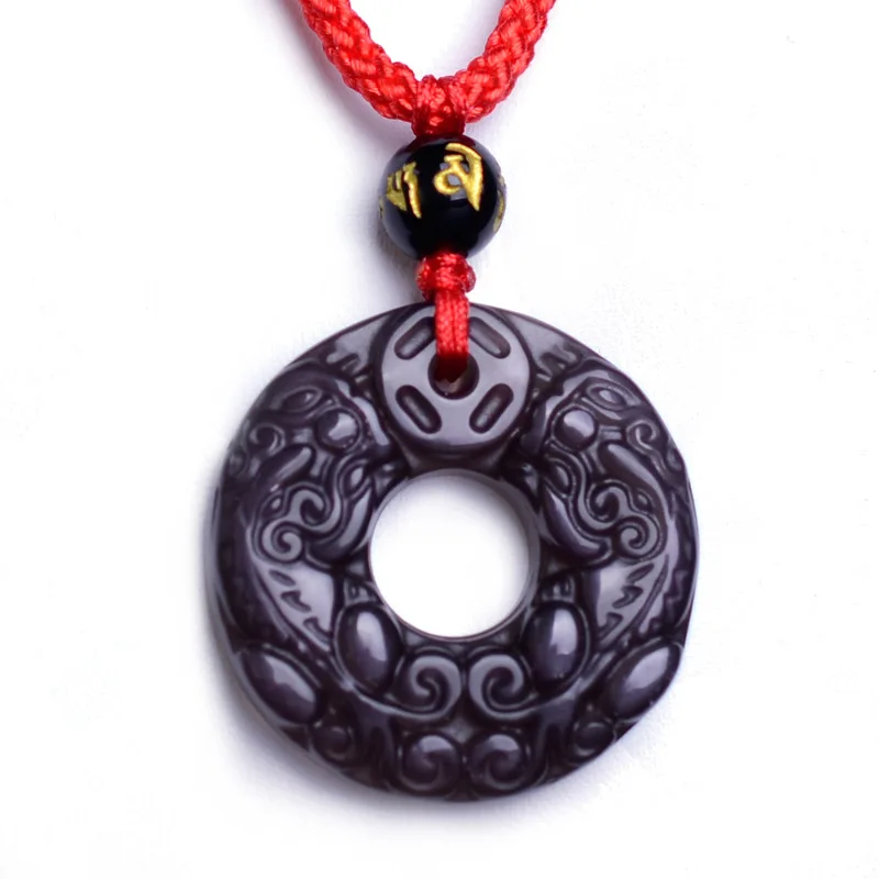 Natural Ice Obsidian Stone Pendant Necklace Peace Buckle Amulet With Double Pixiu Brave Troops Black Red Rope For Men And Women