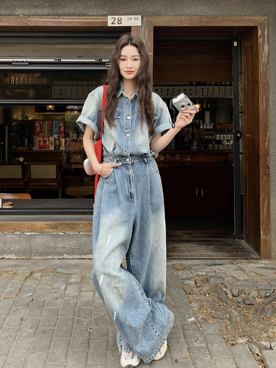 

Blue Salt Series Design Women's Denim Overalls Summer 2025 New Korean Faion Casual Loose One-Piece Pants High Waist Wide Leg