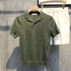 2024 Summer Casual Polo Collar Knit Tops Men Fashion Solid Color Breathable Knitting Polo Shirts Short Sleeve V Neck Mens Polos