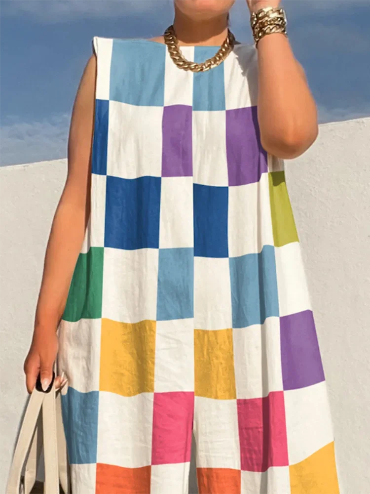 Women Fashion Color Block Plaid Sleeveless Wide Leg Jumpsuit Round Neck Loose Casual Vacation Romper With Shoulder Pad