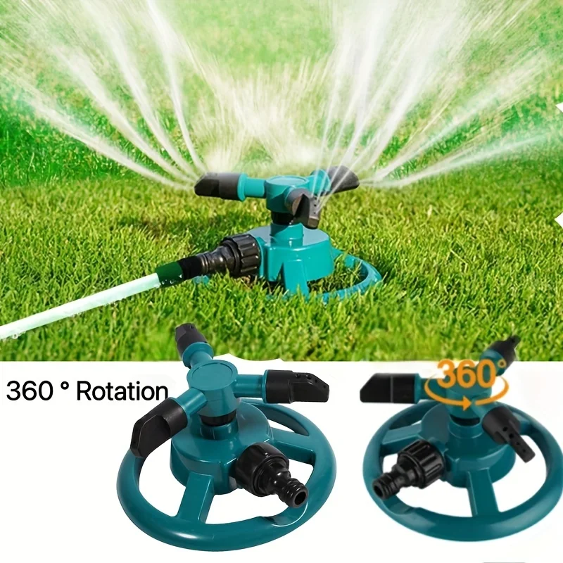 

Easy Install 360° Rotating Garden Sprinkler, 3-Arm System for Lawn & Crop Watering, Green with Included Components