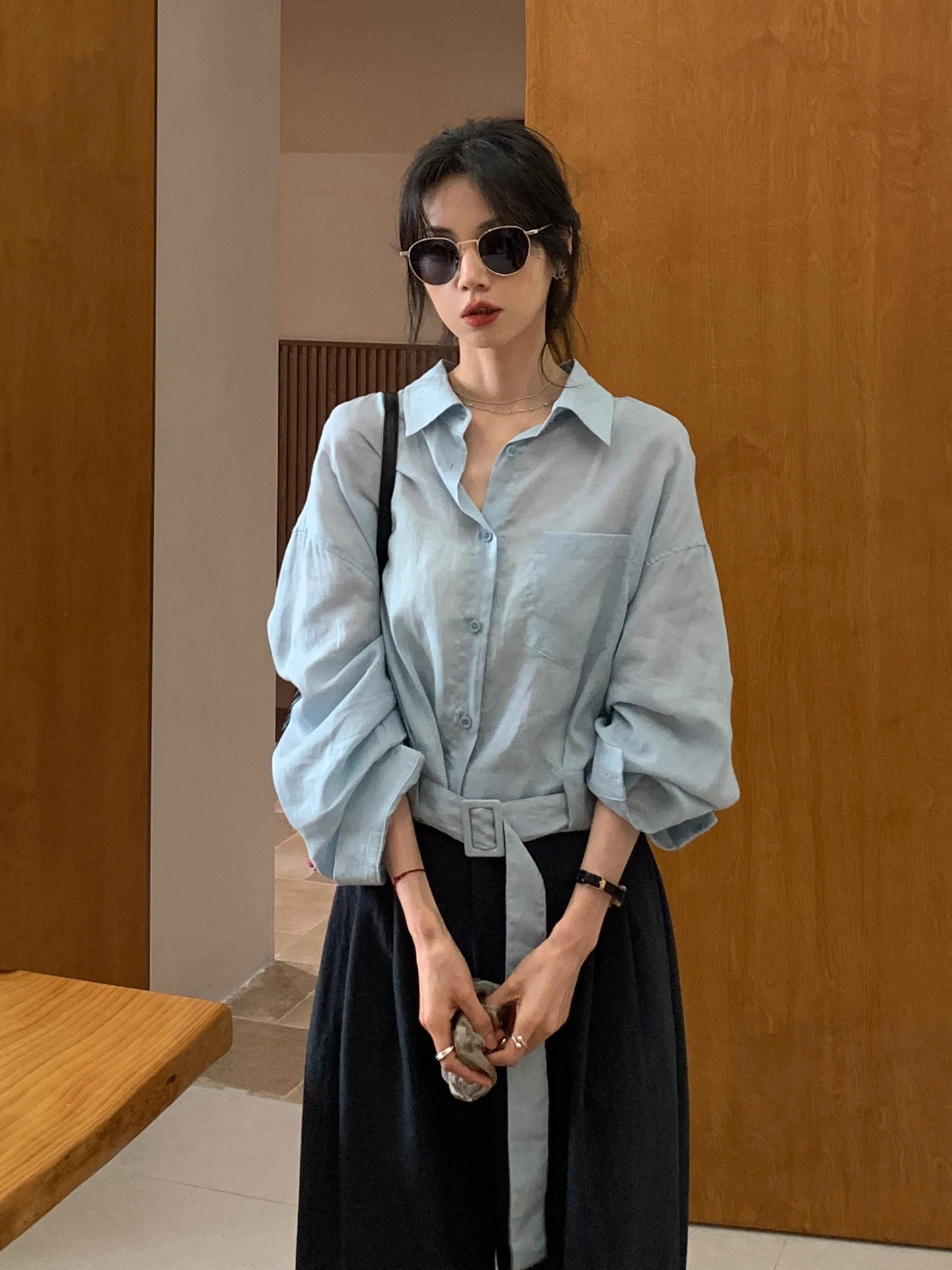 

Blue Linen Belted Shirt Women's Casual High-End Design Spring Summer New Style French Style Loose Fit Long Sleeve Breathable