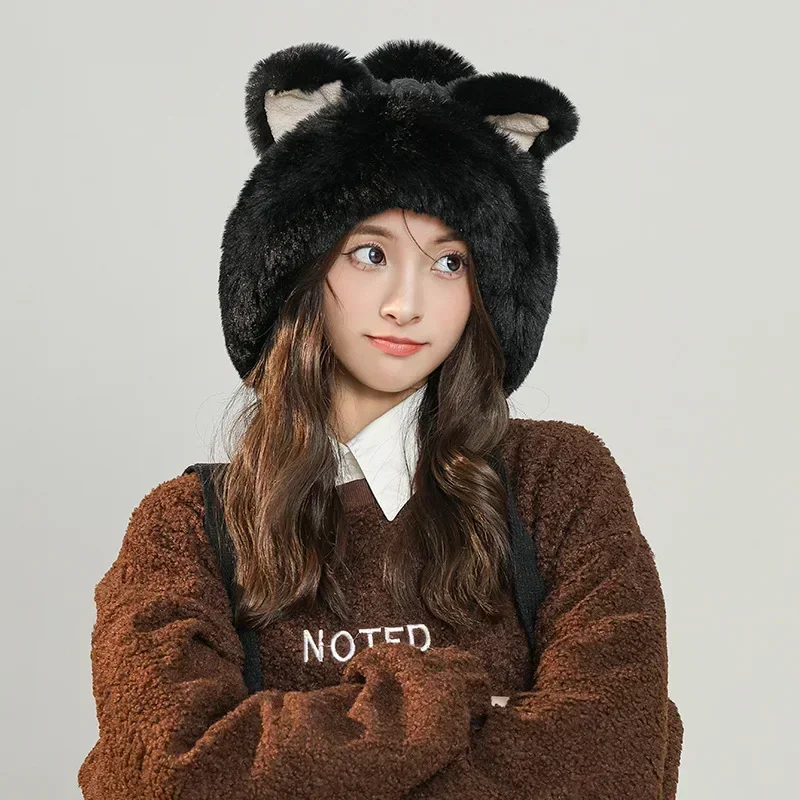 Korean  Cute Fox Cat Ear Plush Ear Protection Winter Hat Women Pom Pom Female  Faux Fur Velvet Thickened Cycling Warm Bomber Hat