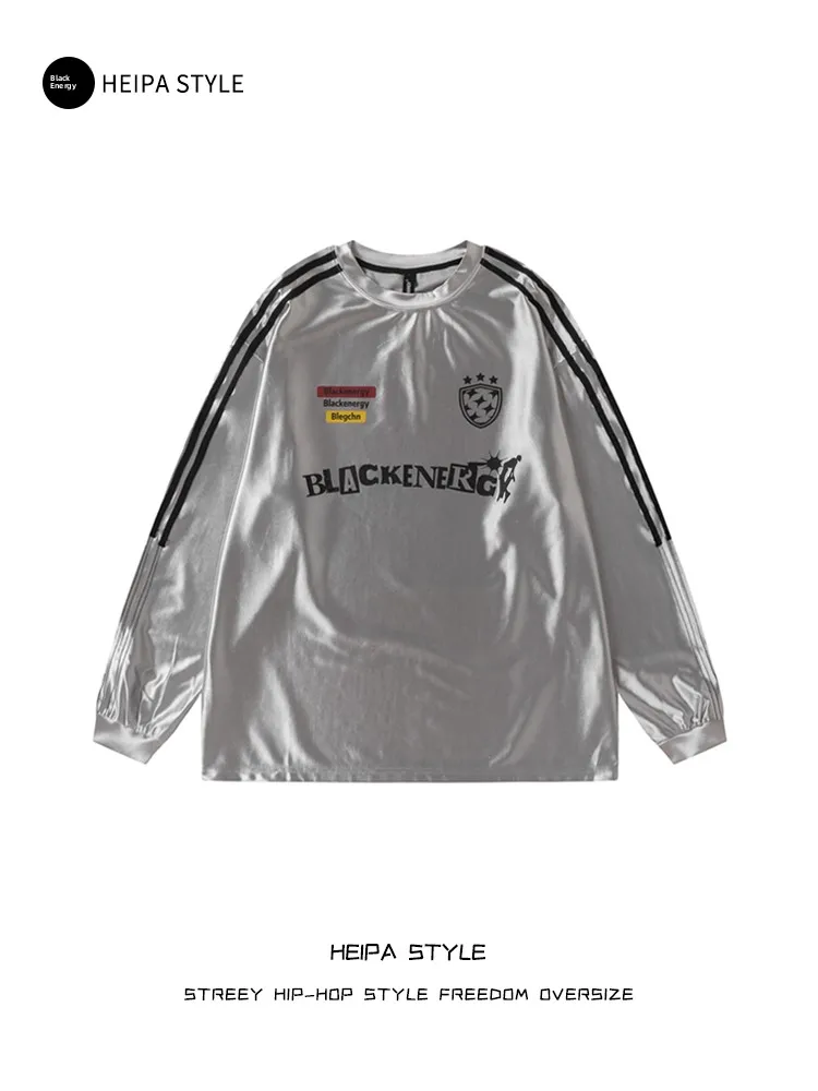 

Retro American Spor Silver Long Sve T-irt Men Loose Hiphop Trendy Ball Jersey Hoodie Youthful ulari Spring Autumn