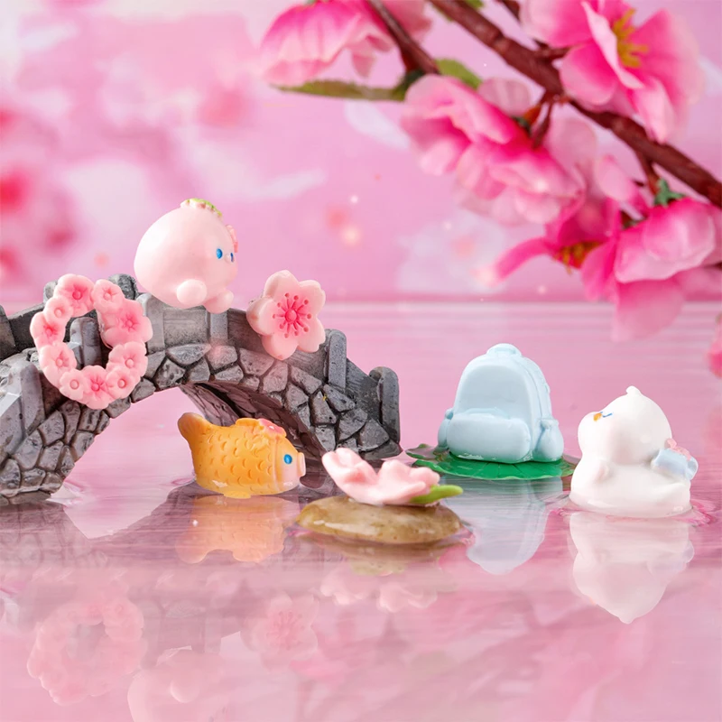 Cartoon Cherry Blossom Grassland Small Animals Miniature Figurine Ornament Micro Landscape Home Decoration Accessories Gifts