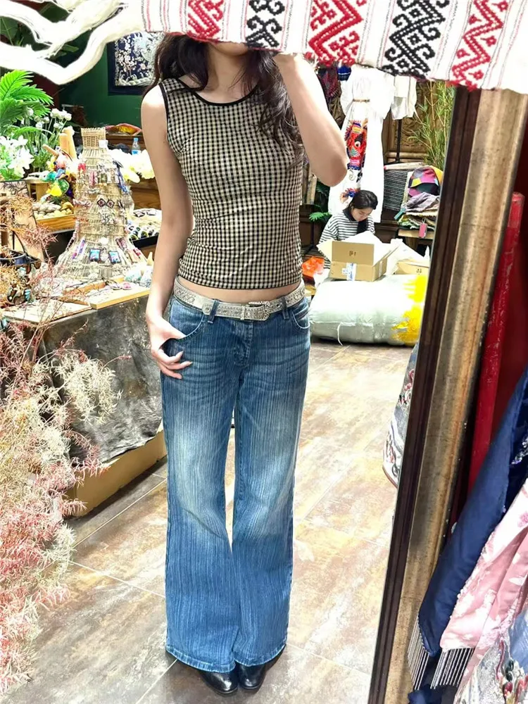 

Retro Bamboo Knot Pattern Low Waist Flared Denim Jeans Women's Spring Autumn Loose Drapey Design Tall Extended Floor-Length P...