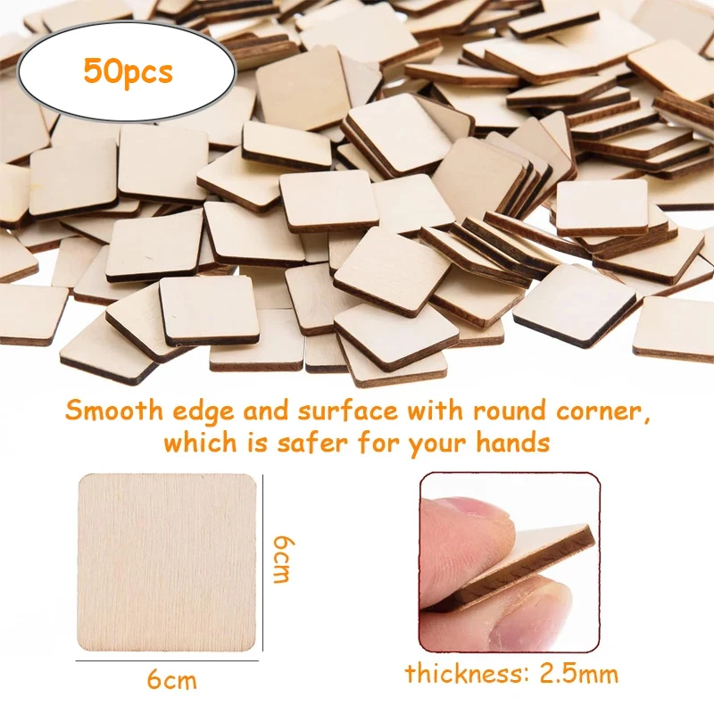 50pcs 6cm Blank Wood Squares, Unfinished Wooden Square Slices Cutouts for for DIY Crafts, Wood Sign and Plaque, Home Decor