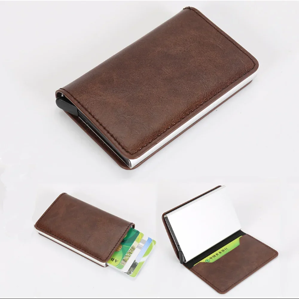 

High Qulity Anti Theft Credit Card Holder Coffee Black Business Wallet Leather Unisex Security Metal Purse Boyfriend Gifts New