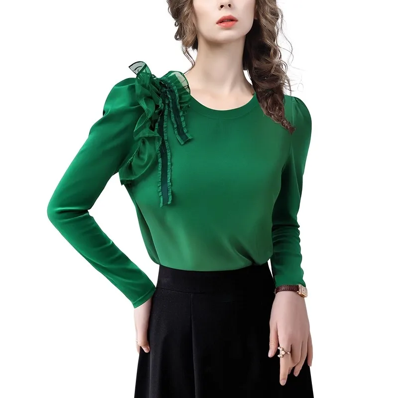 Herfst Dames Lange Mouw Ronde Hals Groen Gebreide Top Truien Met Bloemdecoratie Skinny Rekbaar Katoenen Shirt