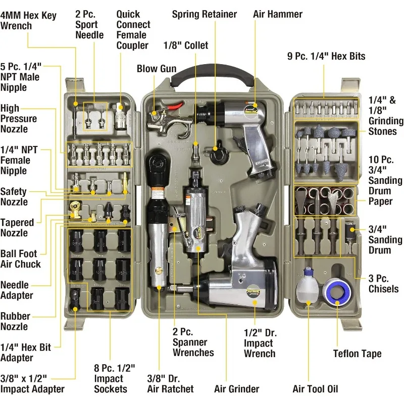 Air Tool and Accessories Kit, 71 Piece, Impact Wrench, Air Ratchet, Die Grinder, Aire Hammer, Hose Fittings