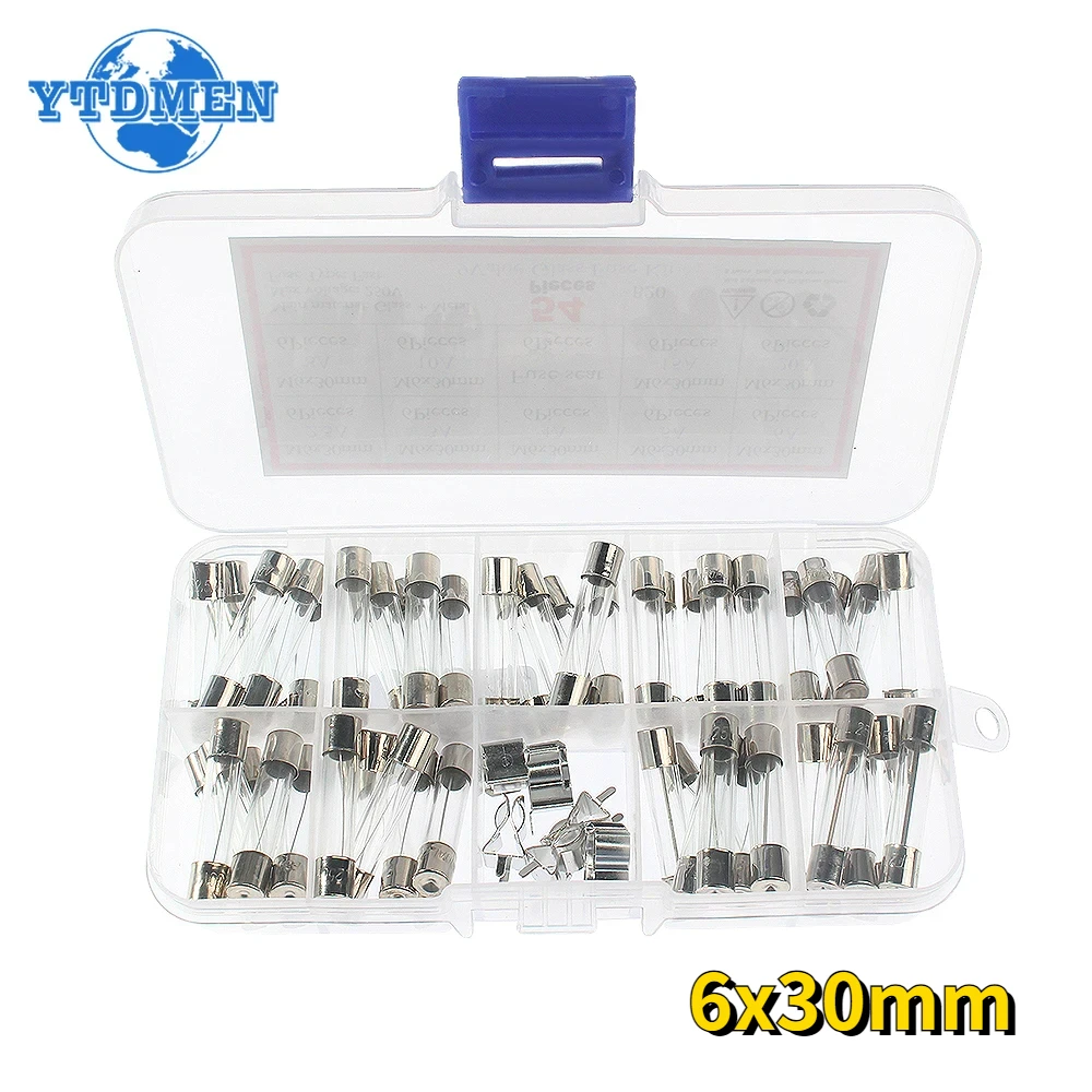 54PCS 6x30mm Fast Glass Fuse Insurance Tube Quick Blow Glass Fuses Kit 250V 2.5A 3A 4A 5A 6A 8A 10A 15A 20A