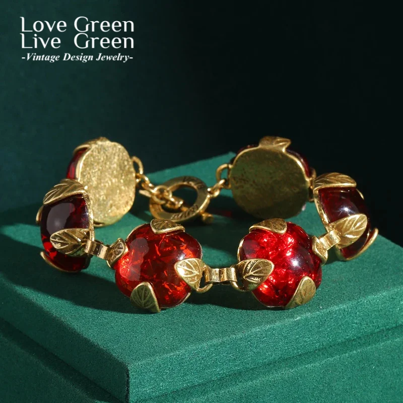 

Vintage Jewelley Round Red Glass Bracelets Woman Transparent Charm Gold Color Leaf Antique Style Gift Girls Luxury Brand 2025