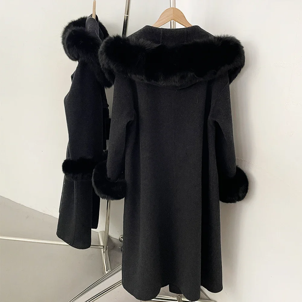 OFTBUY New Winter Warm Hood Solid Woolen Overcoat for Women Long Wool Blend Coat Women Real Fox Fur Belted Waist Jacket Female