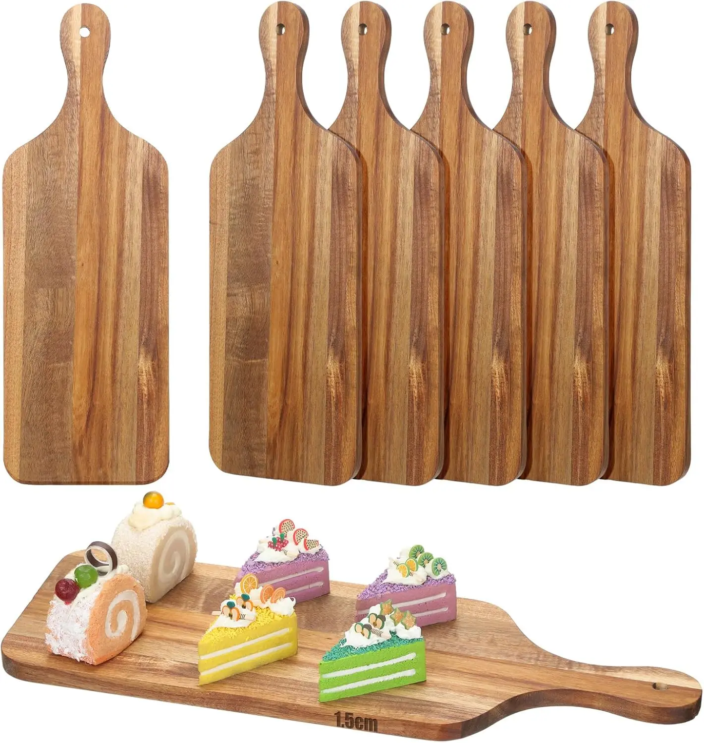 

6 Pcs Acacia Wood Cutting Board with Handles Kitchen Thicken Chopping 17 x 6 Inch Wooden Charcuterie Serving Blank Board