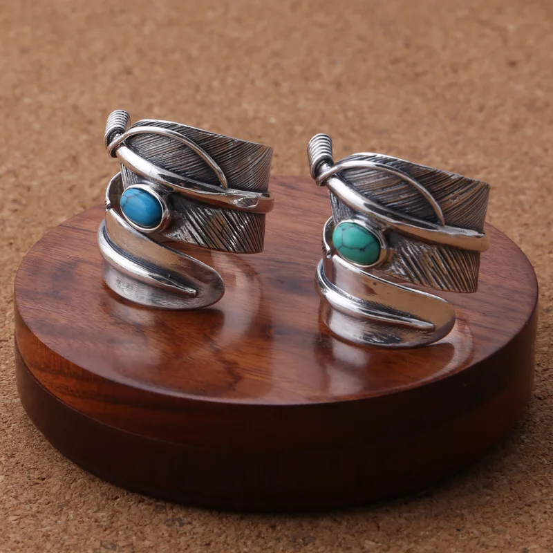 

English style jewelry sterling silver set with turquoise open feather ring Japanese trendy lifestyle ring index finger