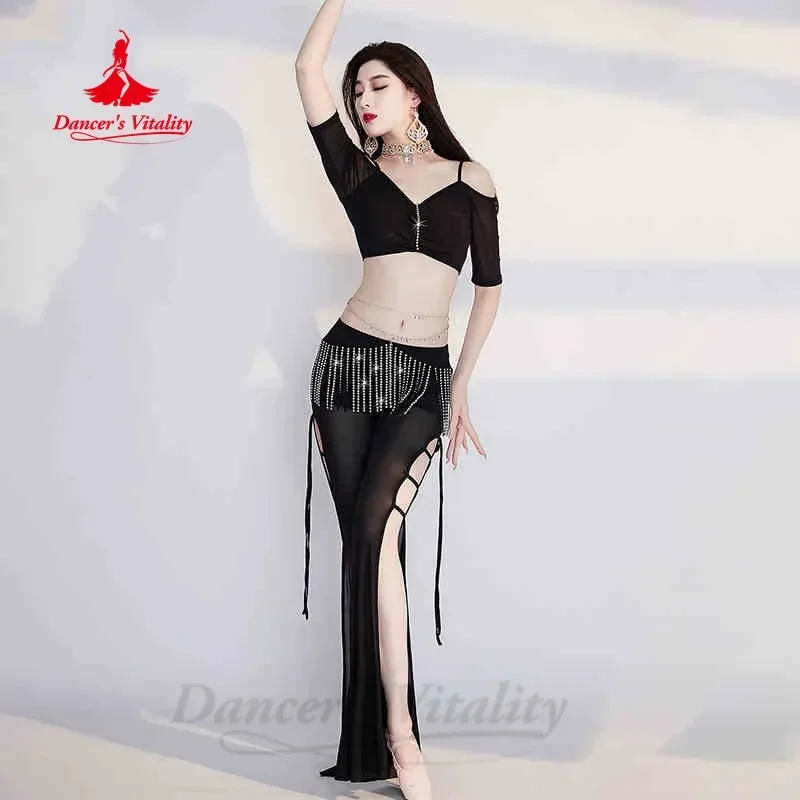 BellyDance Oefenkleding V-hals Korte Mouwen Top + Kwastje Split Broek 2 Stuks Volwassen Oosterse Dans Professionele Trainingskleding