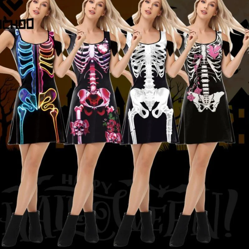 Halloween Cosplay Costume Skeleton Print Dress Adult Women Dresses Holiday Party Outfits Novelty Irregular Clothes Fancy Dress