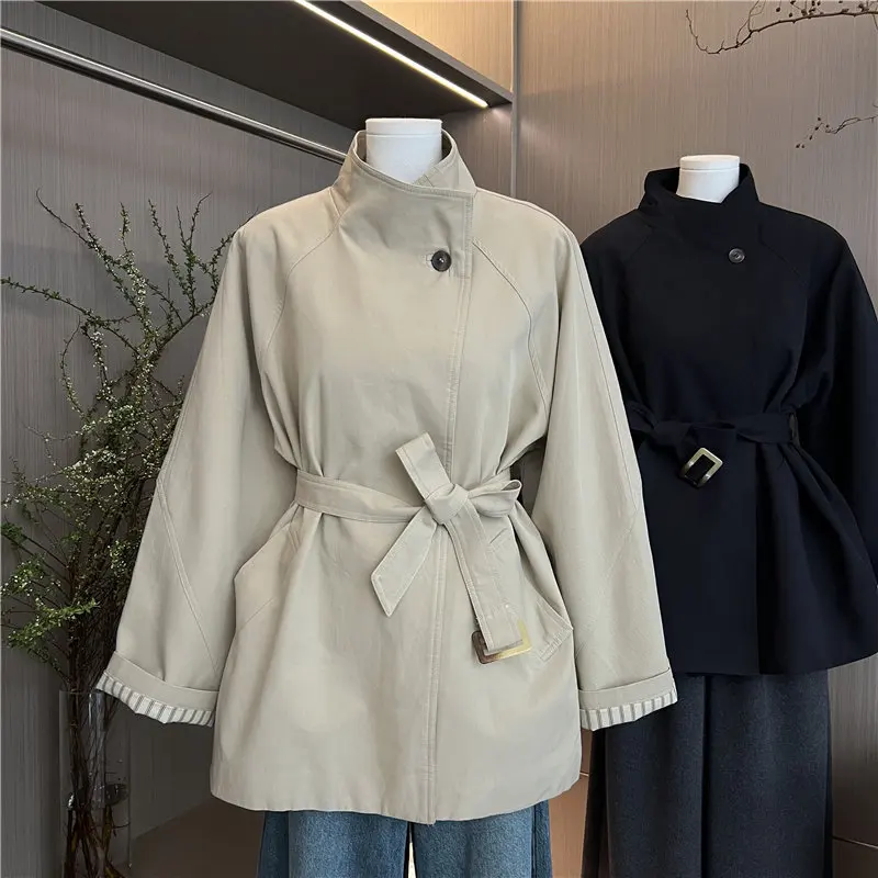 レディース 2025 秋 ベルト付き クロップドトレンチコート 韓国風 ルーズフィット ウエストタイ オーバーサイズ ラペル トレンド アウターウェア
