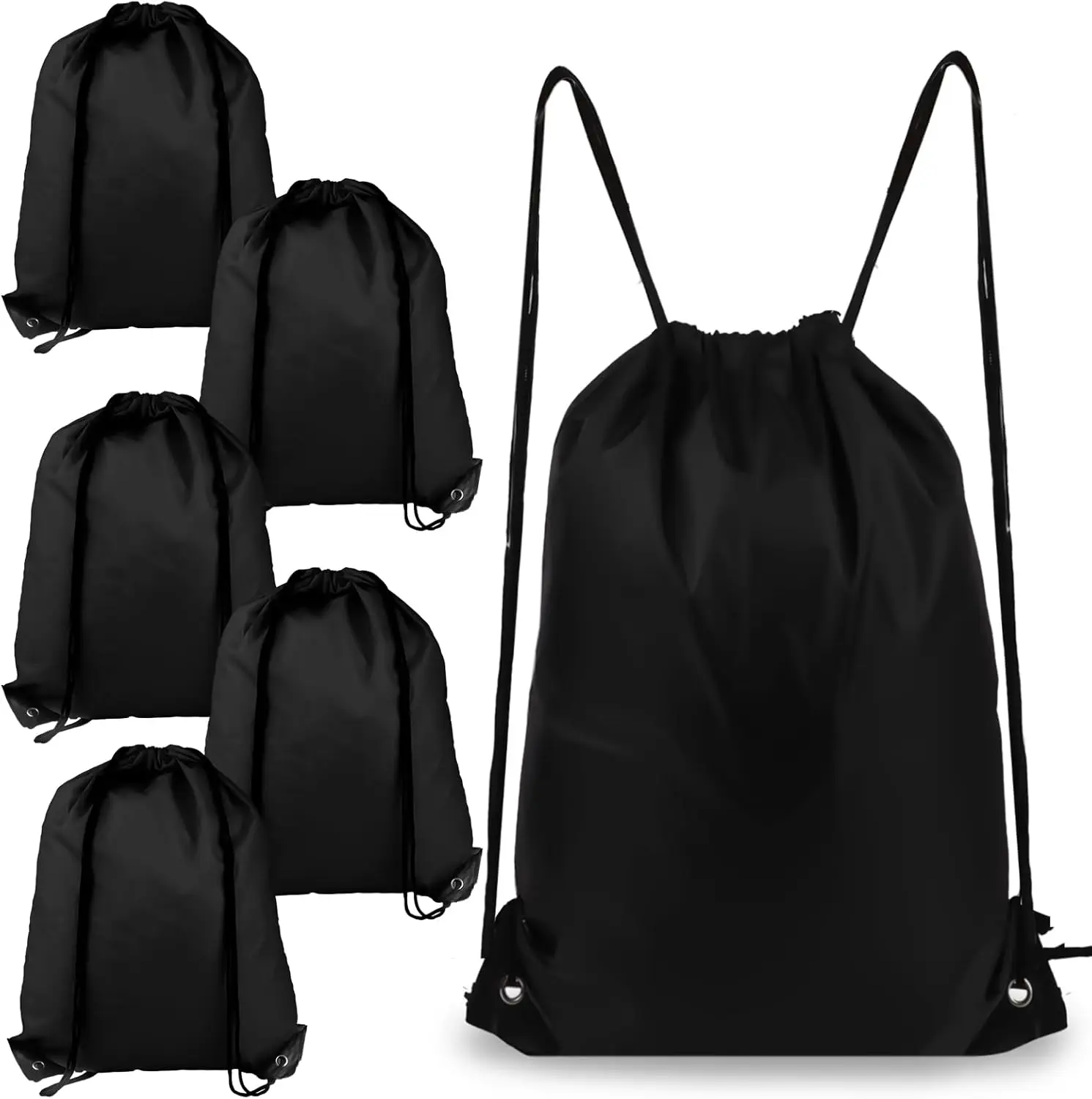 

6 Pack Drawstring Backpack Medium Black for Gym Travel Beach Sports
