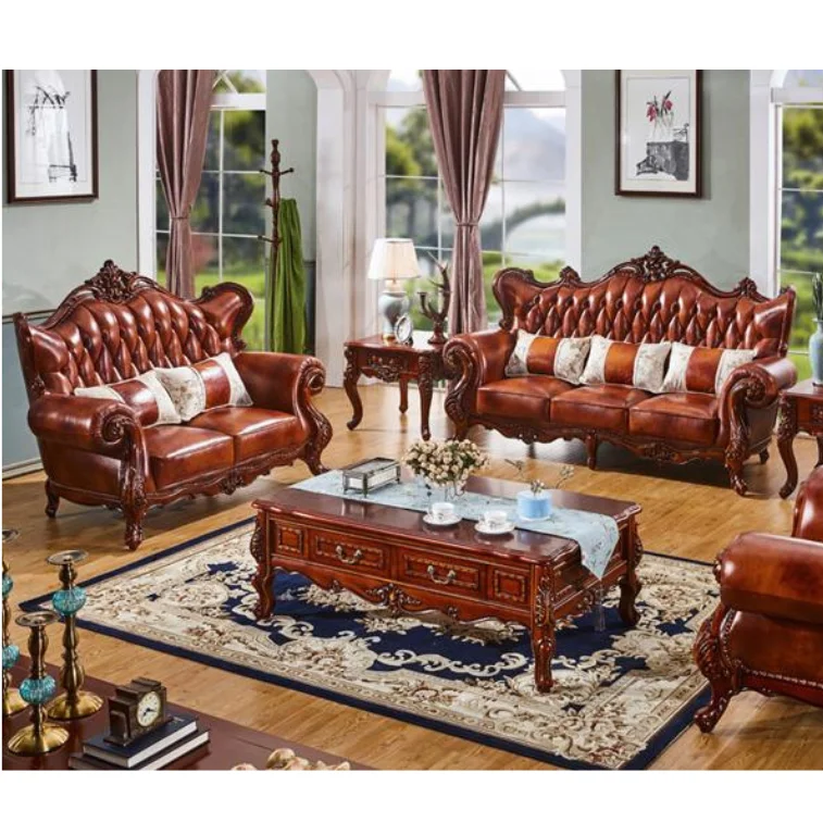 

@ # Европейский роскошный кожаный диван-комбинация в королевском стиле, классический, с двойной резьбой, на каркасе из массива дерева, для гостиной, комплект для дома