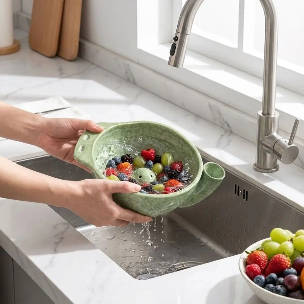 Self Spinning Automatic Fruit Washing Bowl 360° Cleaning Large Capacity Self-Rotating Fruit Cleaner Drainage Hole