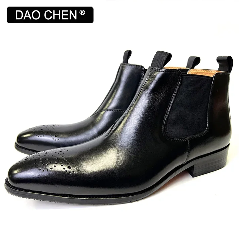 LUXURY MEN\'S LEATHER BOOTS BLACK BURGUNDY SLIP ON ANKLE BOOTS CASUAL MEN DRESS SHOE OFFICE WEDDING CHELSEA BOOTS FOR MEN