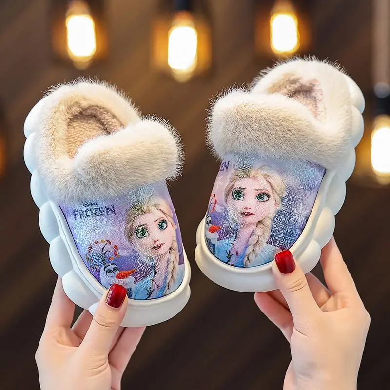 Pantoufles Disney en coton pour enfants, Frozen Princess Elsa, chaussures d'hiver pour bébé fille, anti-ald, pantoufles chaudes pour le sol de la maison, chaussures en fourrure bleue, taille 2