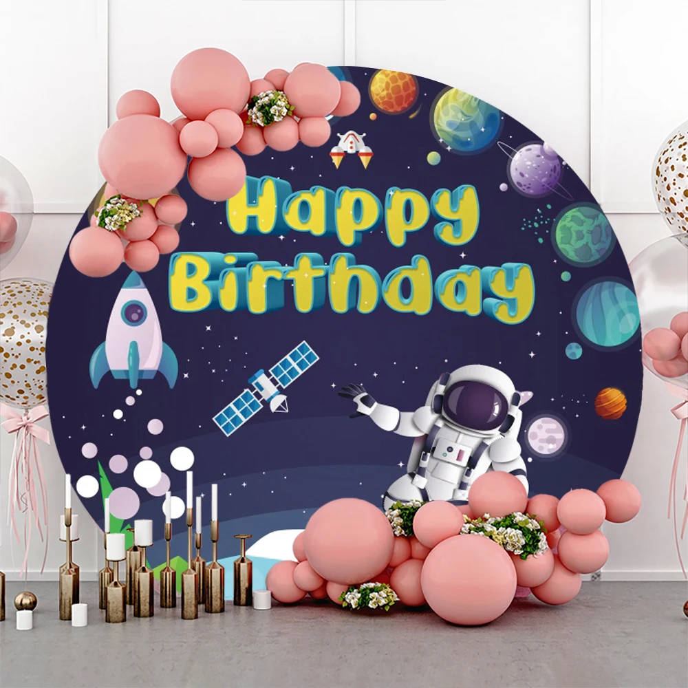 Outer Space Universe Planet Round Backdrop Cover Starry Sky Galaxy Moon Astronaut Rocket Baby Kids Birthday Circle Background
