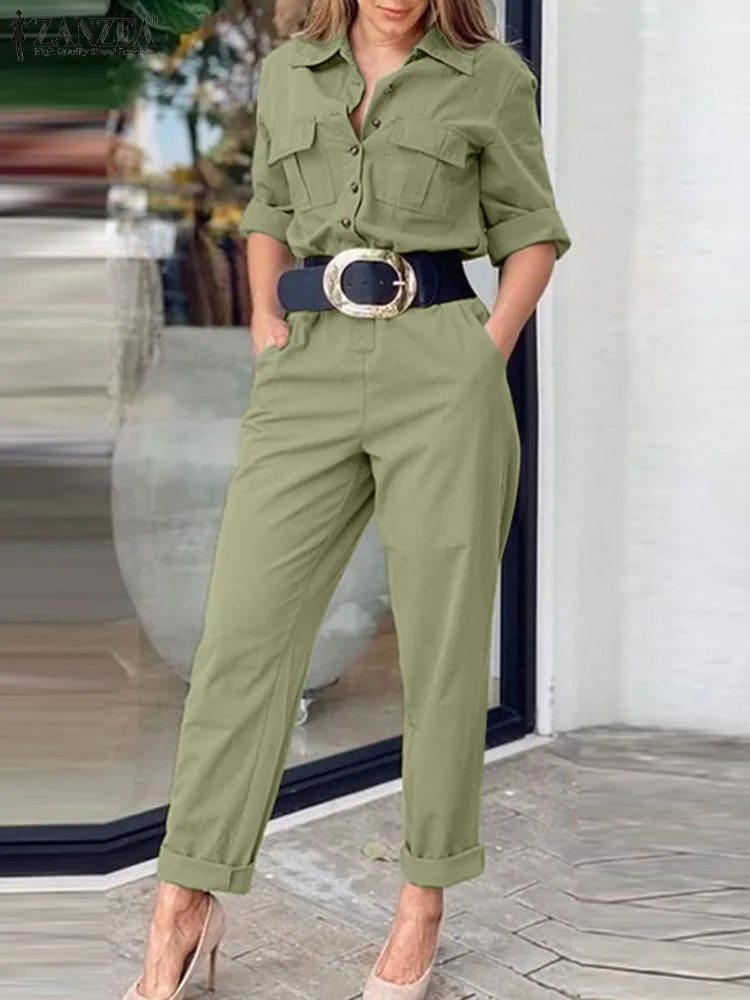 

Summer Fashion Women Overalls ZANZEA Vintage Rompers Jumpsuits Casual Solid Long Sleeve Playsuits Elegant OL Work Pants Oversize