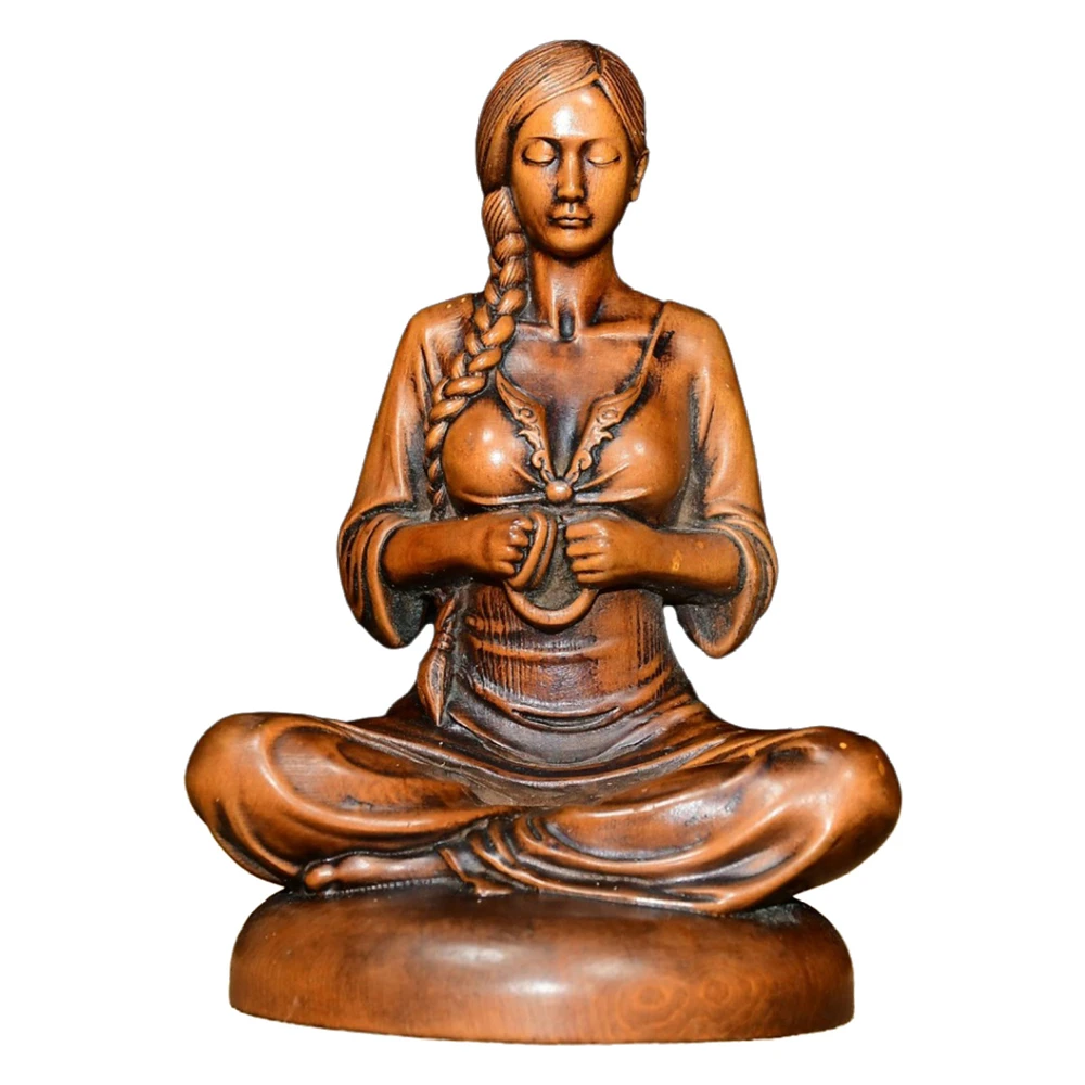 Figurine chinoise de sculpture sur bois sculptée pour femme, brin de méditation perlé, tranquilité, paix, calme, pleine conscience, équilibre intérieur