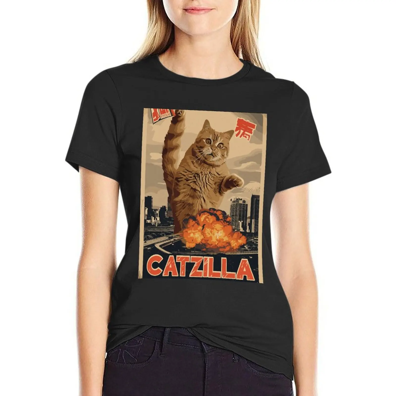 Catzilla kaus wanita, atasan ukuran besar warna hitam