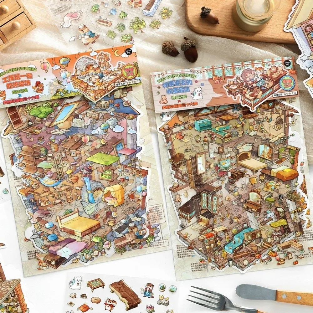 Shop Theme 3D Scene Stickers PET Die Cut Large Size Stacking Stickers Beach Library Supermarket Mini Landscape Sticker