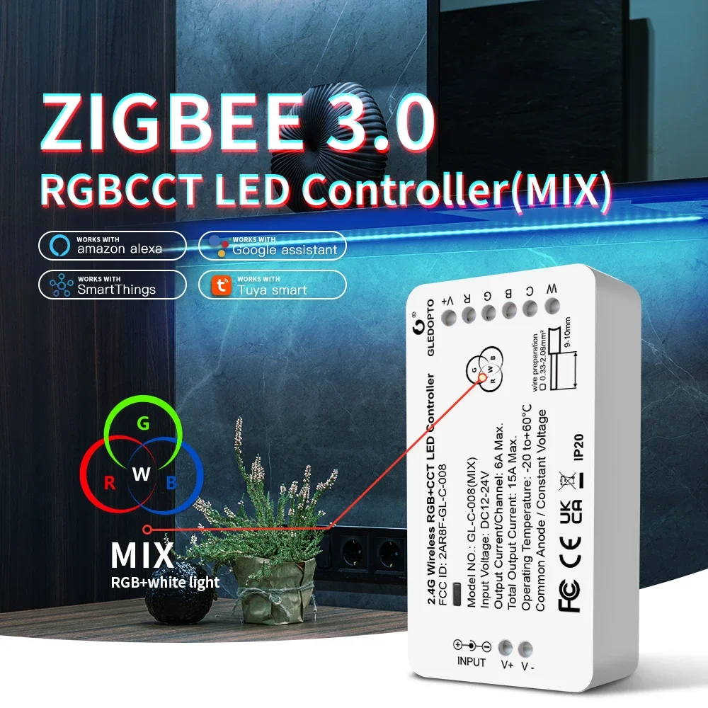 

GLEDOPTO ZigBee Строительная лента, контроллер RGB CCT, цвет белый, цвет светодиодный Mix RGB + белый Homey Alexa Tuya SmartThings, приложение для голосового управления