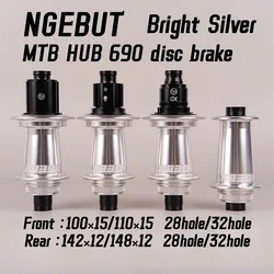 NGEBUT Bright Silver 690 Ring Bicycle Hub Central Control Lock Disc Brake J-shaped Elbow 28/32 Hole142-148 MTB Hub HG XD MS