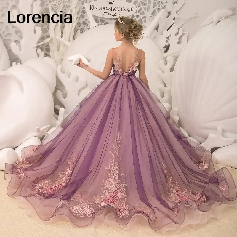 Lorencia Purple Puffy Flower Girl Dress For wedding Tulle Lace Applique Beading Kids Pageant Gown abito da prima comunione YFD70