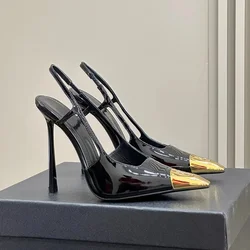 2026 Summer New Style Metal Pointed Toe Sandals Slingback Women's Black Sexy 7/9/11Cm Stiletto Heels Shallow Fashion High Heels