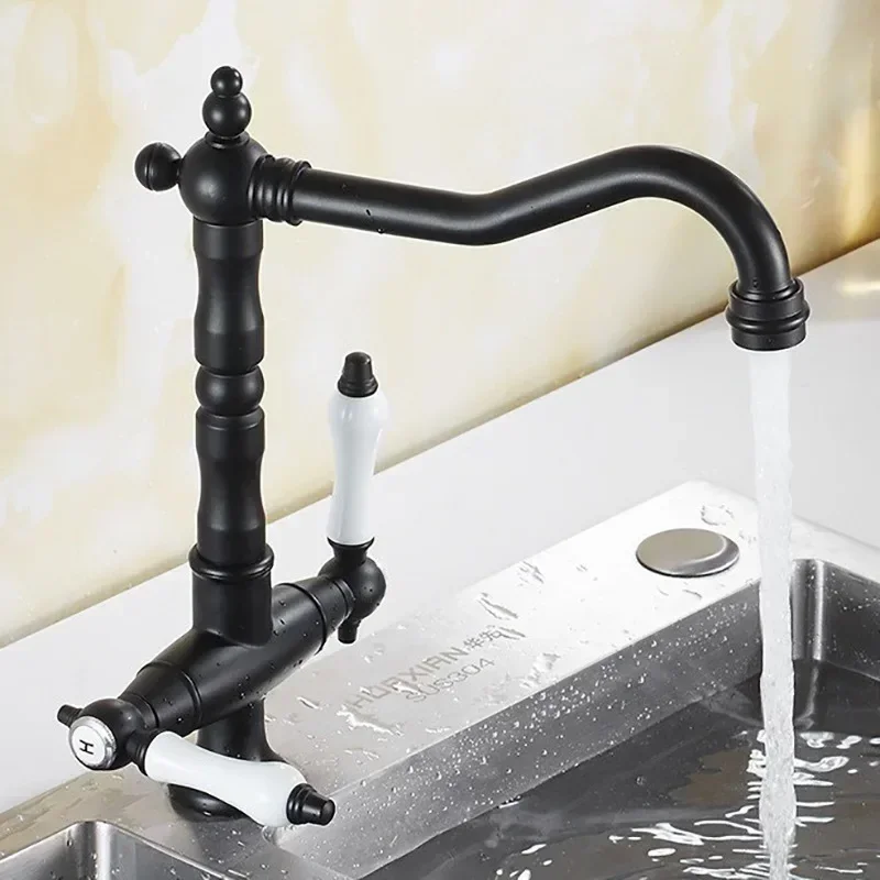 

Excellent Faucet for Kitchen Dual Handle Antique Brass Retro Faucet 360 Degree Rotation Kitchen Sink Taps Deck Mounted Bathroom
