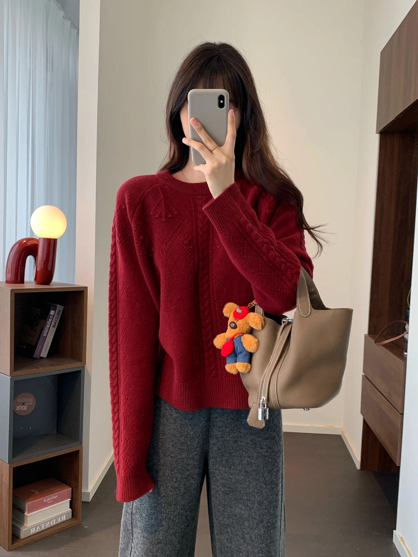 

Thiened Wool Long Sve Knitted Sweater Hollow out Knotted Casual Sle Women's Winter Warm Slimming round Ne Pullover