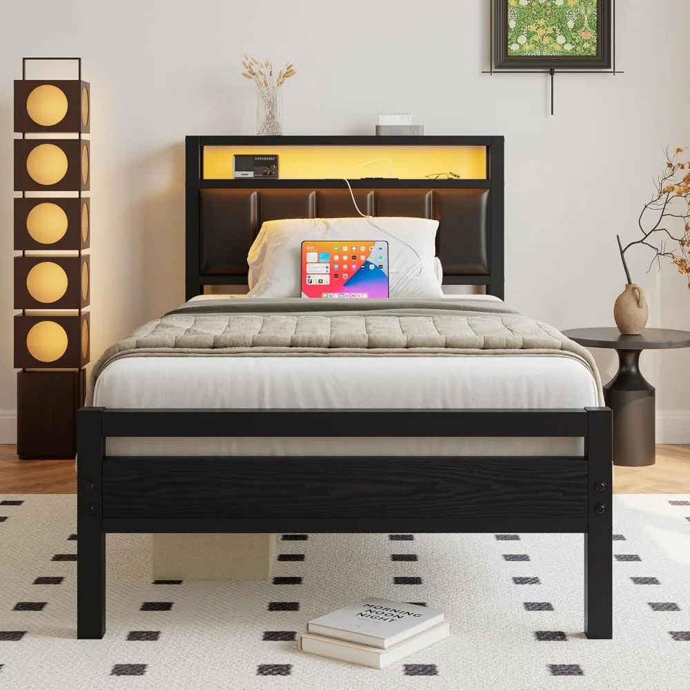 

Twin Bed Frame with Charging Station & LED Lights,Storage Upholstered Headboard,Metal Bed Frame Twin Size Bed Frames No Box Spri