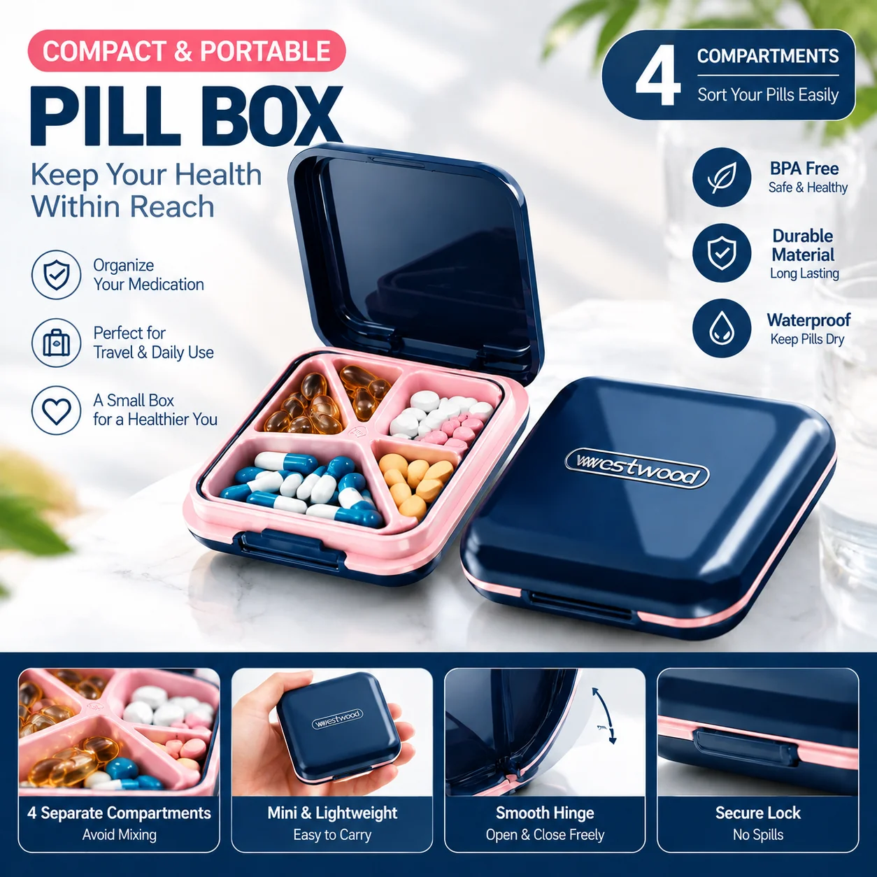 Mini Pill Organizer 4-Compartment Airtight Moisture-Proof Portable Medicine Case Pocket Vitamin Supplement Storage Box