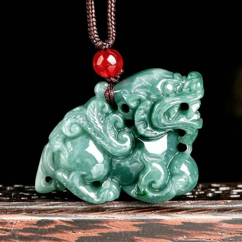 Natural A-grade Jade Pendant, Flying Qilin Dark Green Jade and Stone Pendant Male and Female Lovers Jewelry and Jade Necklace