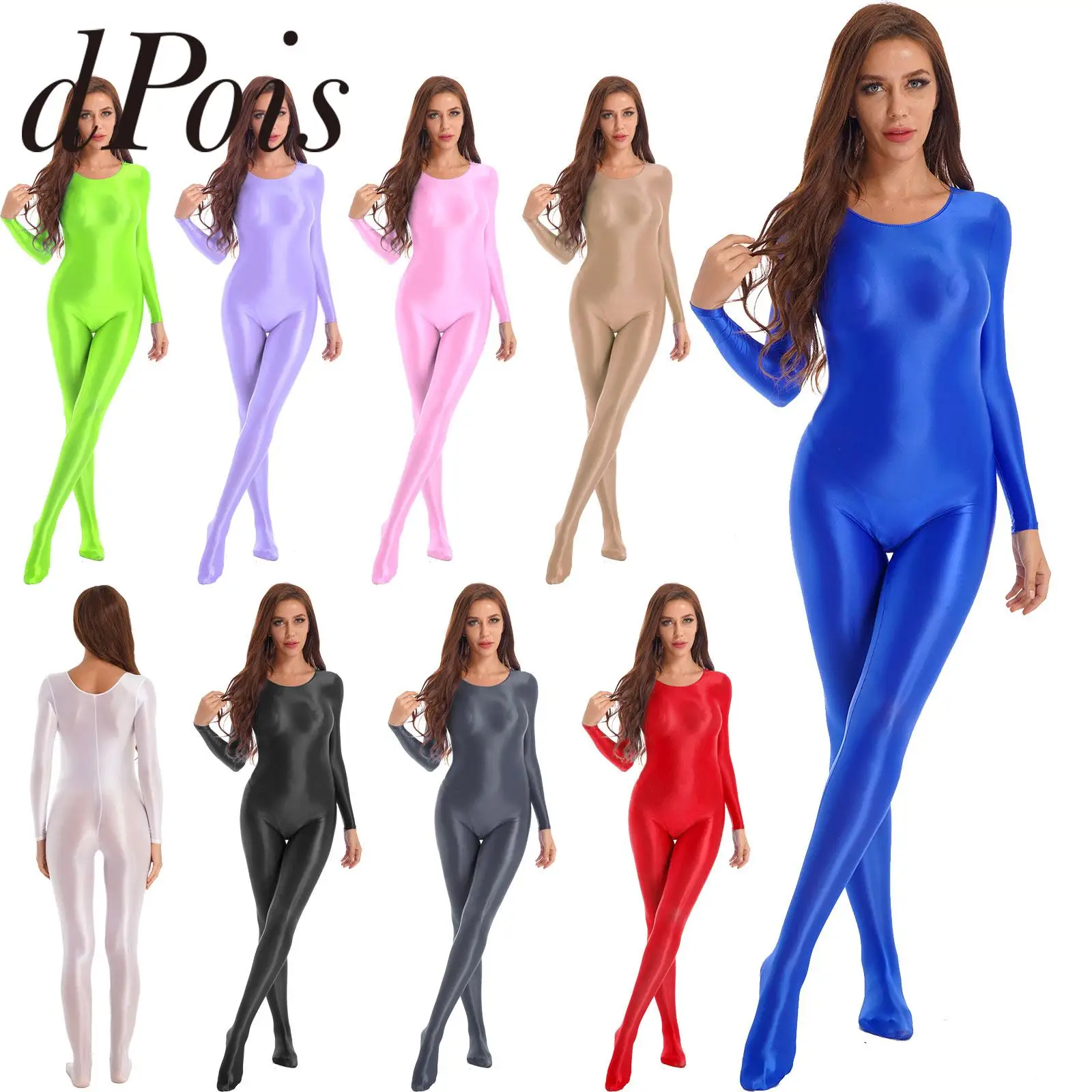 

Women's Gymnastics Jumpsuits Glossy Lingerie Long Sleeve Bodystocking Nightwear Woman Bodysuit for Yoga Pole Dance Clubwear