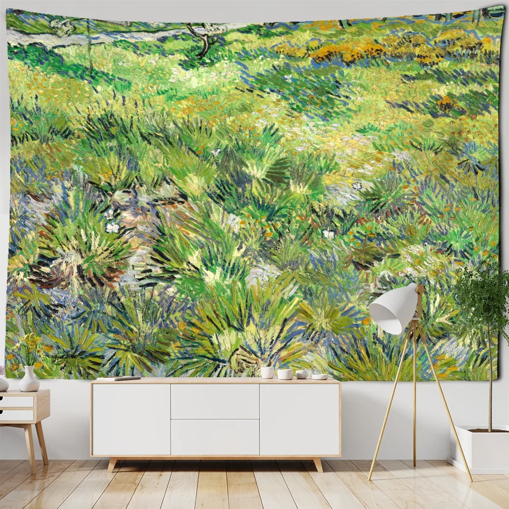 Idyllic Scenery Van Gogh Green Grass Oil Painting Tapestry Wall Hanging Bohemian Simple Home Art Aesthetic Room Decoration